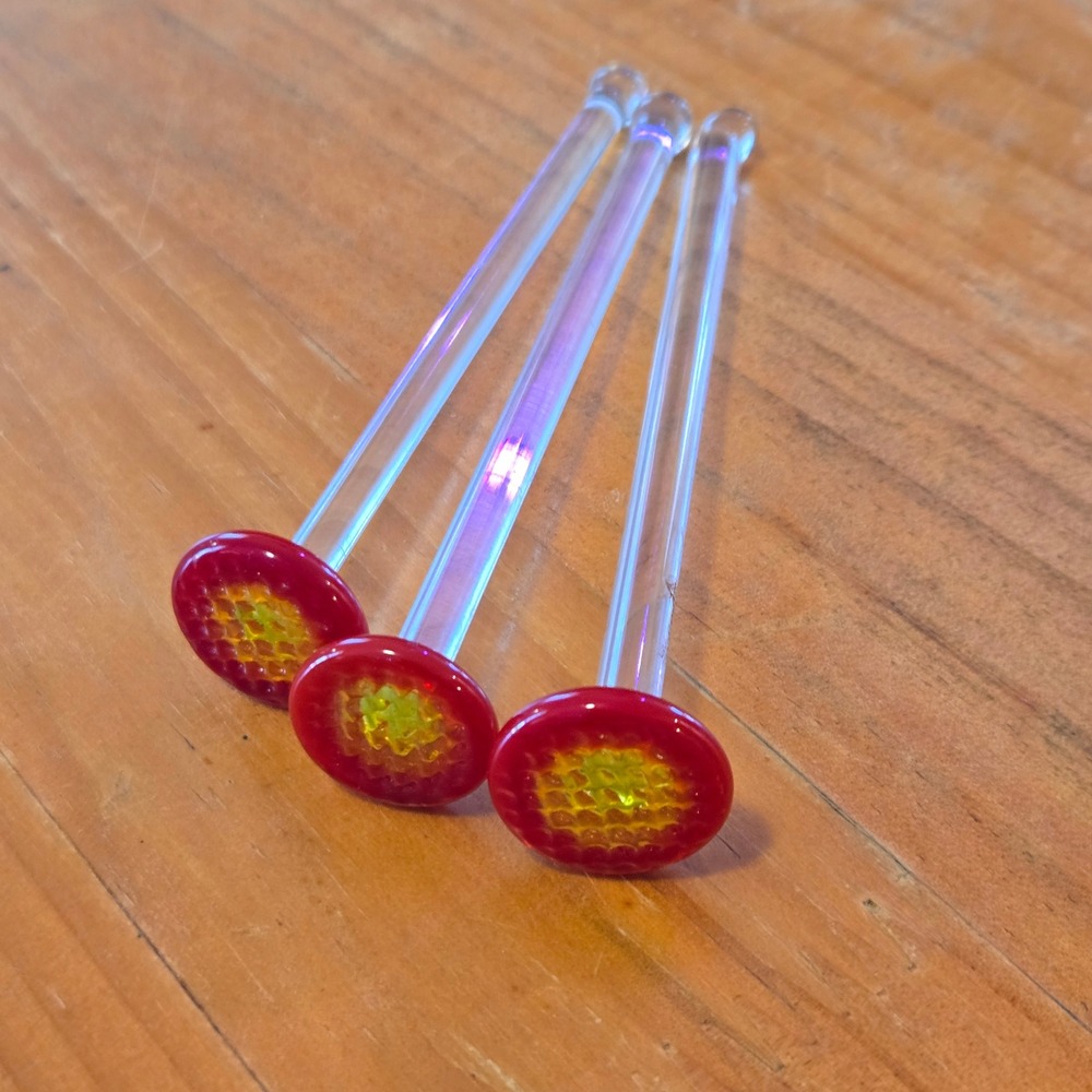 Vintage Art Glass Swizzle Sticks Cocktail Stirrers Red Yellow Clear Lot of 3